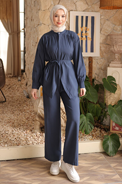 İmajButik Navy Blue Modal Set with Hidden Button Trousers