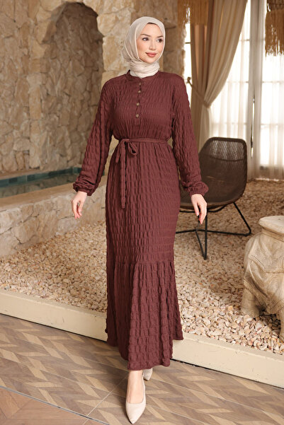 İmajButik Brown Elastic Sleeves Buttoned Waist Tie-Detail Gofre Dress