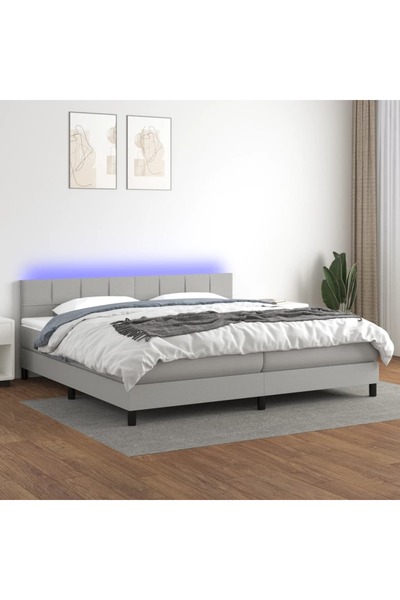 Concept Κρεβάτι με ελατήρια, στρώμα και LED, ανοιχτό γκρι, 200x200 cm, ύφασμα