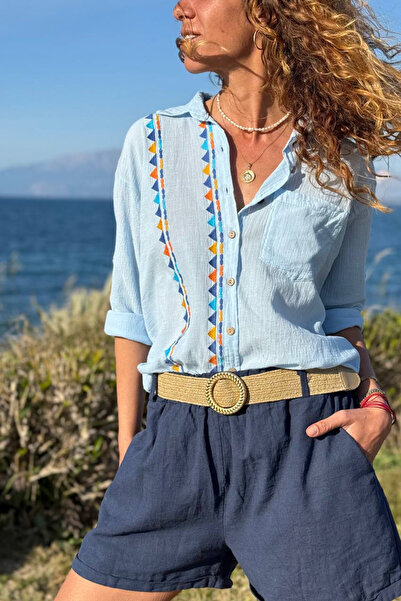 Güneşkızı Blue Ethnic Embroidered Cotton Piece Casual Woven Shirt 65 45