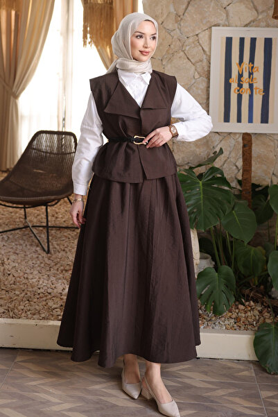 İmajButik Kahverengi Deri Kemerli Yelek Etekli Takım