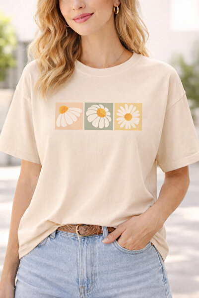 ArtYus Three Daisies Graphic Printed Unisex Oversized T-Shirt – Minimal Flora...