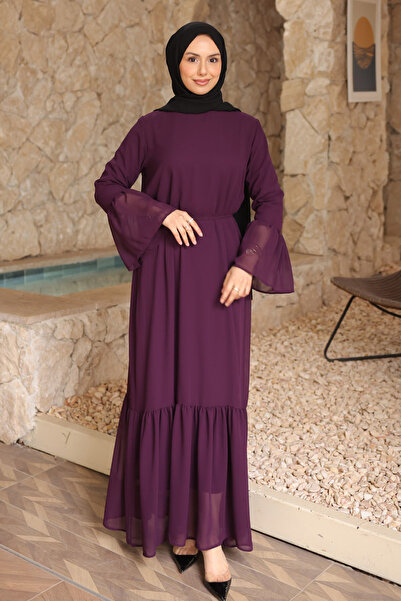 İmajButik Purple Bel Tie-Detail Layered Chiffon Dress