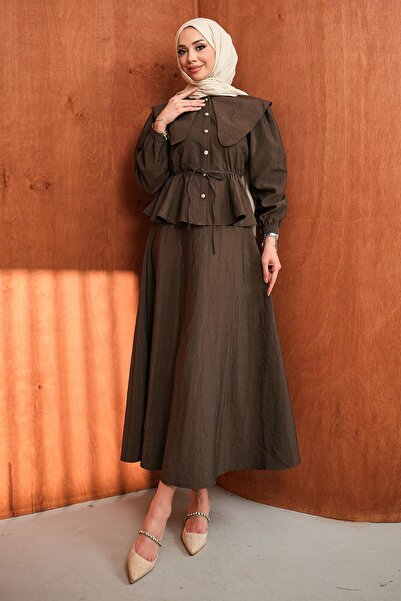 İmajButik Brown Collar Detailed Shirt Skirt Set