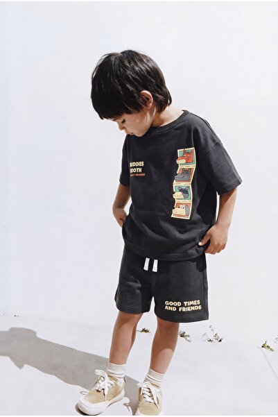 Magu طقم شورت تي شيرت أسود للأطفال من الجنسين مكون من قطن قطع - مزين بتفاصيل ...