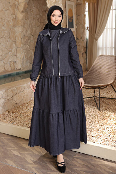 İmajButik Navy Blue Crew Neck Dress with Jacket Set