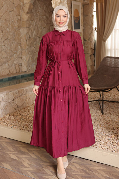 İmajButik Plum Skirt Layered Buttoned Dress