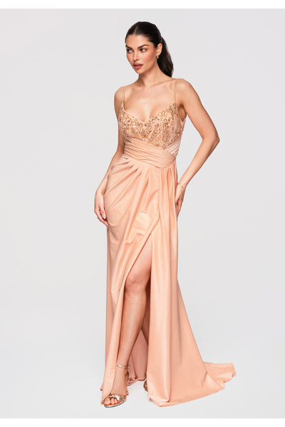 Larica OMBRE Women's Elegant Dress LA-OM-DLR132 Evening Maxi Beige