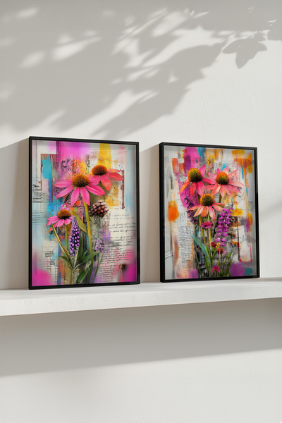 STARYUNA Black Wooden Framed Colorful Flower Modern Art Double Painting Set Y...