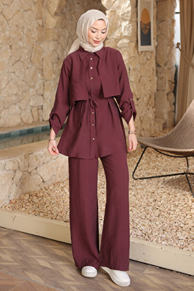 İmajButik Plum Front Allerli Sleeve Epaulet Tunic with Trousers Modal Set