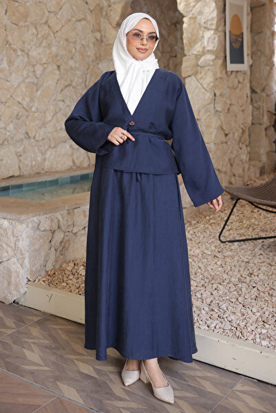 İmajButik Navy Blue Batwing Sleeve Jacket Skirt Set