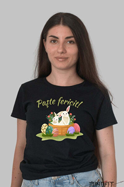 GILDAN Happy Easter T-Shirt Bunnies In Basket With Colored Eggs