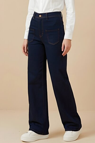 İmajButik Dark Blue High Waist Double Pocketed Palazzo Jeans