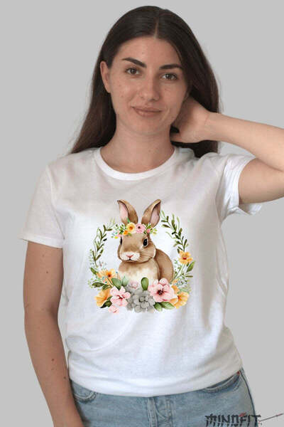GILDAN Easter Bunny T-Shirt In A Crown With Colorful Flowers