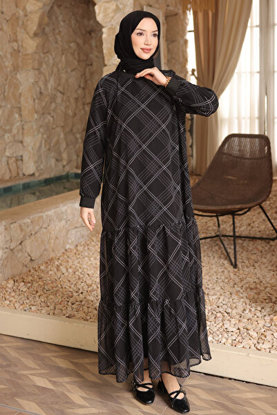 İmajButik Black Patterned Chiffon Dress