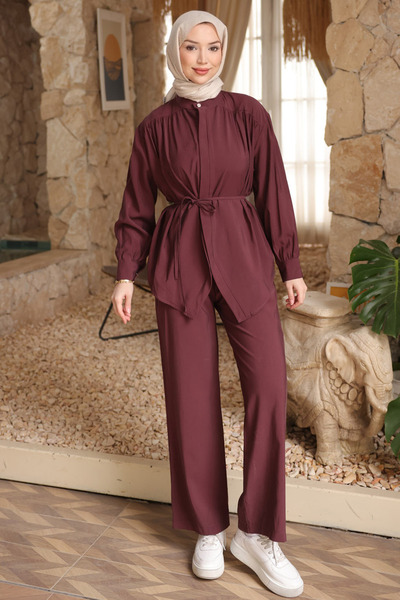 İmajButik Modal Set with Plum Colored Hidden Button Trousers
