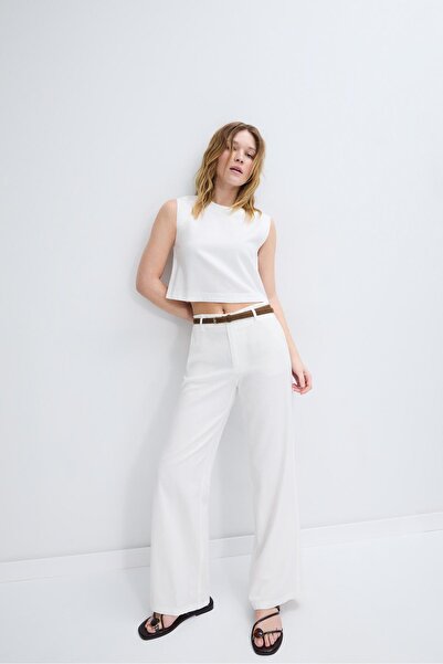 Stradivarius Kemerli, keten görünümlü düz paça pantolon