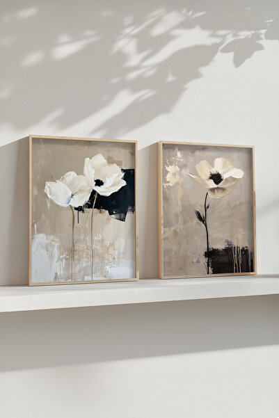STARYUNA Wooden Framed White Flower Minimalist Double Painting Set Yuna661