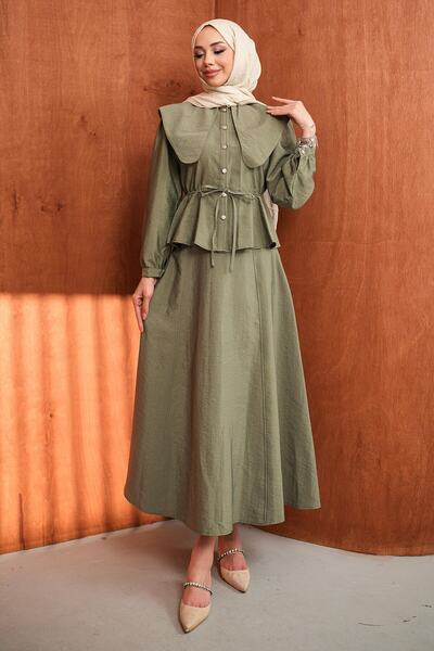 İmajButik Khaki Collar Detailed Shirt Skirt Set