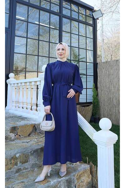 MODAMÜNASİP Hakim Collar Balloon Sleeve Striped Shermy Fabric Dress