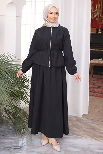 İmajButik Black Ribbed Front Zipper Jacket and Skirt Set