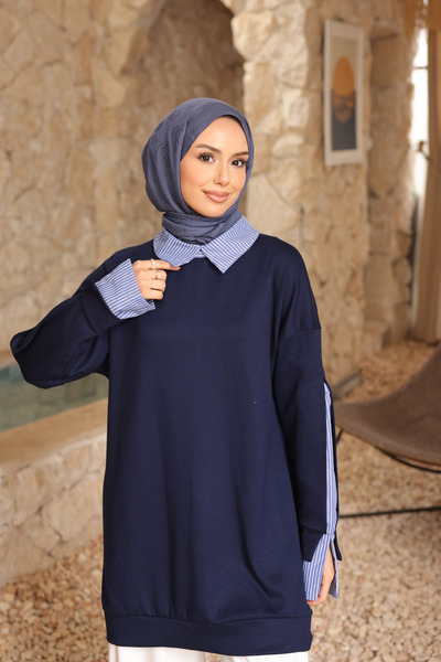 İmajButik Navy Blue Striped Woven Modal Paneled Tunic