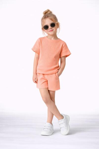 WİKİBOOM Κοριτσίστικο μπλουζάκι και σορτς από ριμπ ύφασμα σε χρώμα σομόν, καλ...