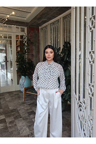 a lessa Kadın Beyaz Siyah Puantiyeli Fular Yaka Bluz Şık Uzun Kollu Gömlek