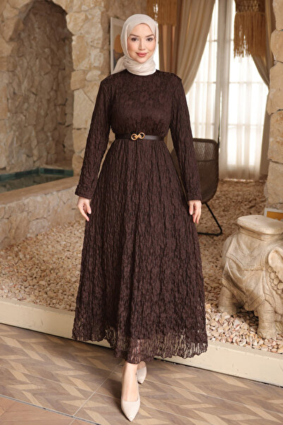 İmajButik Brown Bel Belt Li Patterned Tulle Dress