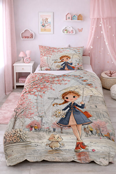 Bebişim Halı Girl with Umbrella Single Pique Bedspread Set Children's Room Pi...