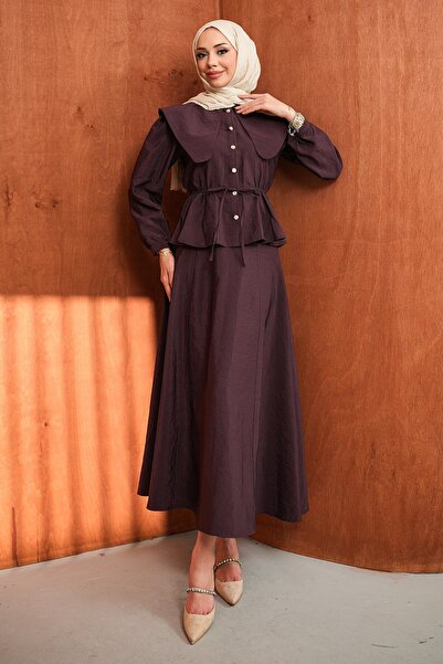 İmajButik Mürdüm Collar Detail Shirt and Skirt Set