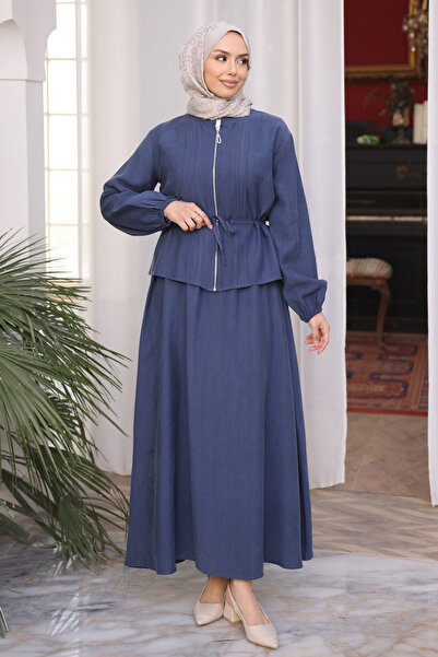 İmajButik Navy Blue Ribbed Zippered Jacket and Skirt Set