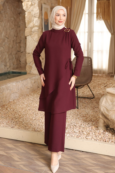 İmajButik Set pantaloni tunică Mürdüm Bel cu detaliu cu șnur