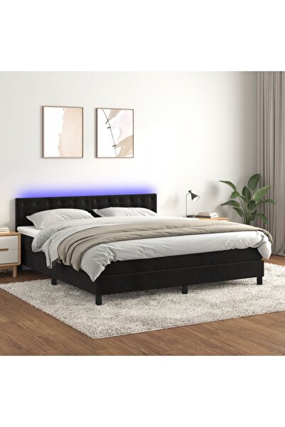 Concept Pat cu arcuri, saltea și LED, negru, 180x200 cm, catifea