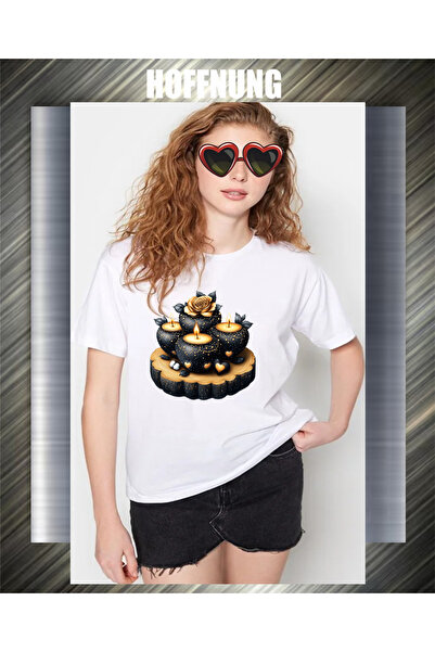 HOFFNUNG تيشيرت للجنسين بأكمام قصيرة وياقة دائرية باللون الأسود مطبوع عليه شم...