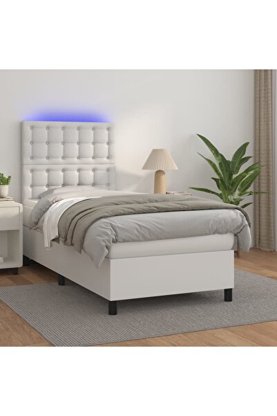 Concept Pat cu arcuri, cu saltea și LED, alb, 90x200 cm, piele