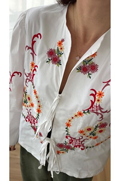 LOKADI Women's White Color Embroidered B Tie-Detail Blouse P Cotton U Balloon...