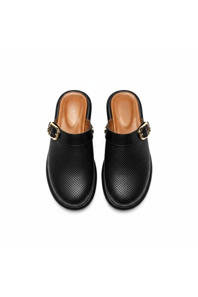 NE&VE SHOES Μαύρες γυναικείες παντόφλες Sabo από γνήσιο δέρμα με λεπτομέρεια ...