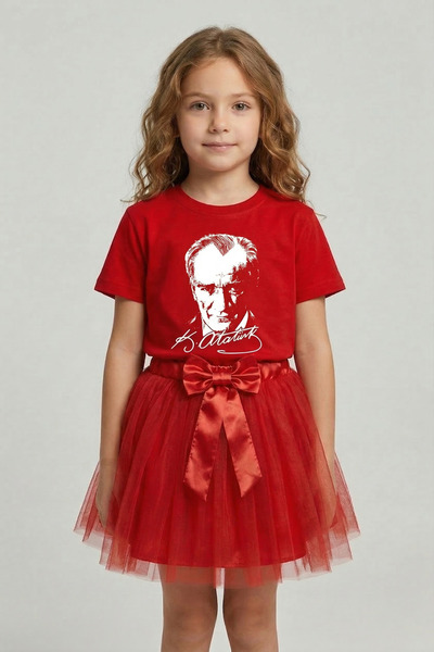 nacar çarşı Κοριτσίστικο κόκκινο κοντομάνικο μπλουζάκι Ατατούρκ Κόκκινη φούστ...