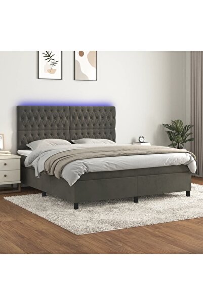 Concept Pat cu arcuri, saltea și LED, gri închis, 180x200 cm, catifea