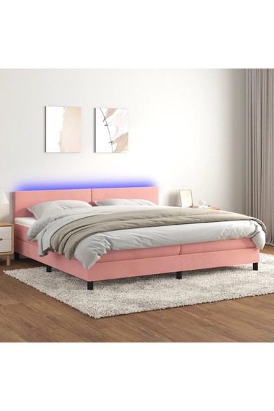 Concept Pat continental cu saltea & LED, roz, 200x200 cm, catifea