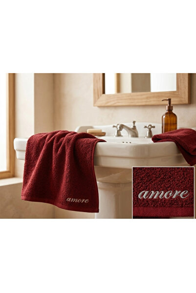 LIWOGY Amore Embroidered Burgundy Colored Hand and Face Hair Towel 50X90