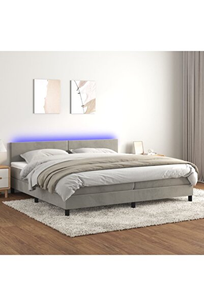 Concept Pat cu arcuri, saltea și LED, gri deschis, 200x200 cm, catifea