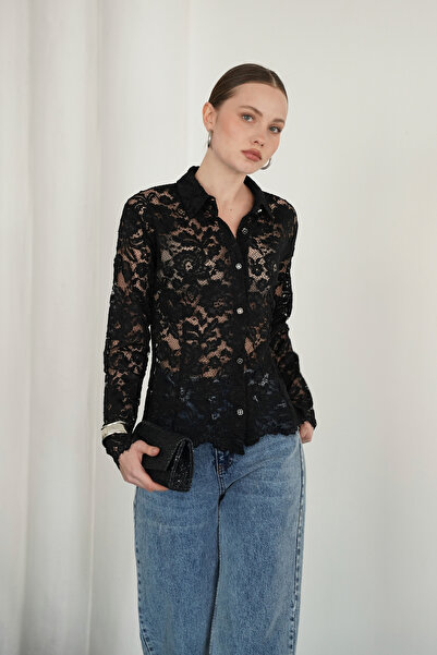 ASEDE Shirt Collar Long Sleeve Buttoned Premium Lace Shirt