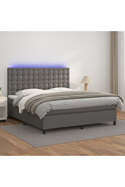 Concept Pat cu arcuri, saltea și LED, gri, 180x200 cm, piele ecologică