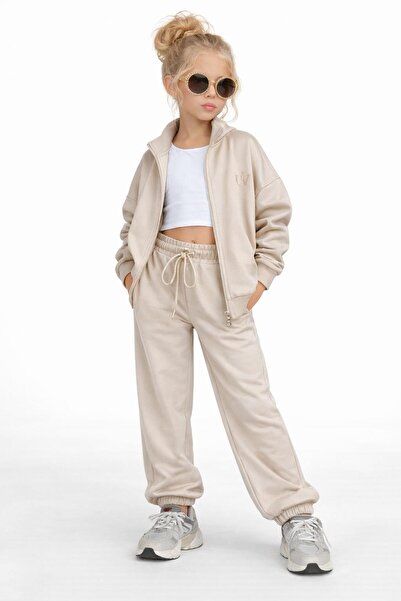 WİKİBOOM Set trening cu fermoar pentru fete - Culoare bej (Set de 2) 01081