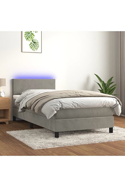 Concept Pat cu arcuri, saltea și LED, gri deschis, 90x190 cm, catifea