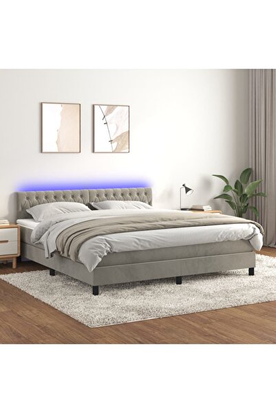 Concept Pat cu arcuri, saltea și LED, gri deschis, 180x200 cm, catifea