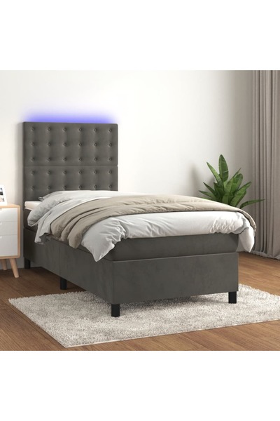 Concept Pat cu arcuri, saltea și LED, gri închis, 90x200 cm, catifea