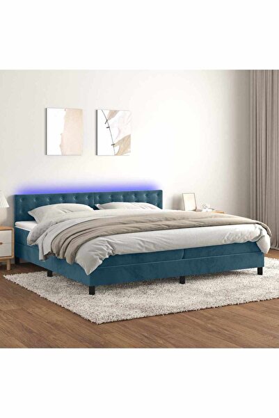 Concept Pat cu arcuri, saltea și LED, bleumarin, 200x200 cm, catifea